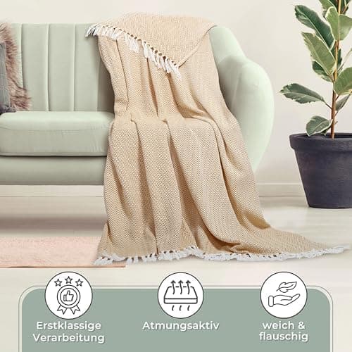 Gräfenstayn Premium Baumwolltagesdecke Creme - 100% Baumwolle - Sommerdecke - Fischgrätenmuster - Bett- und Couch-Überwu