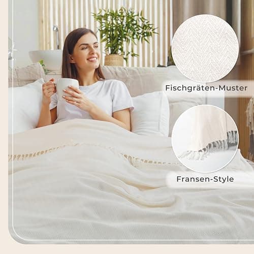 Gräfenstayn Premium Baumwolltagesdecke Creme - 100% Baumwolle - Sommerdecke - Fischgrätenmuster - Bett- und Couch-Überwu