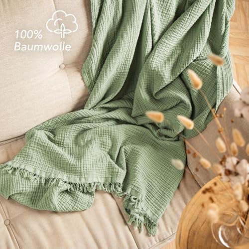 Oeko-Tex zertifizierte Musselin Tagesdecke 220x240cm Hellblau | Couch- & Sofadecke XXL | Baumwolle Qualität