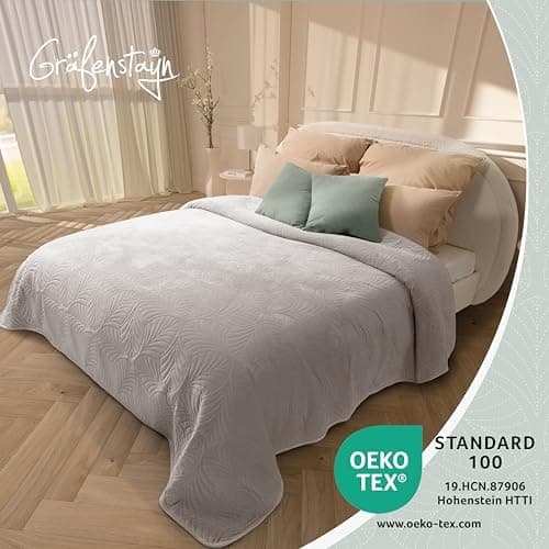 Gräfenstayn Premium Tagesdecke Anthrazit - weich, knitterfrei & pflegeleicht - Nahtlose Steppung & Blatt-Design - Bett &