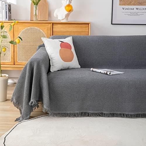 GAOWEI Premium Tagesdecke Grau - Multiwertige Sofa Cover 180x230cm - Dekorative Fransen, Groß Waffelmuster, als Bett- un