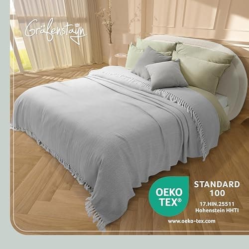 Gräfenstayn Premium Baumwolltagesdecke Creme - 100% Baumwolle - Sommerdecke - Fischgrätenmuster - Bett- und Couch-Überwu