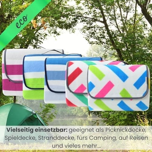 Eco-Line Nachhaltige Wasserdichte Picknickdecke XXL 100% Recycltes Fleece Outdoor-isoliert Streifen Blau HellblauGrün Wa