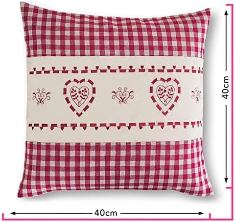 OekoTex Zierkissen 40x40 - Landhaus-Stil Dekokissen mit Reißverschluss, Herzrot karieret, Heller Hintergrund, OEKO-TEX S