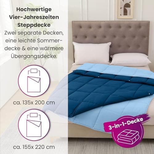 Wometo 4-Jahreszeiten Steppbett 135x200 cm - lila & pink - 2 Bettdecken, 3-in-1, warme Winterdecke + leichte Sommerdecke