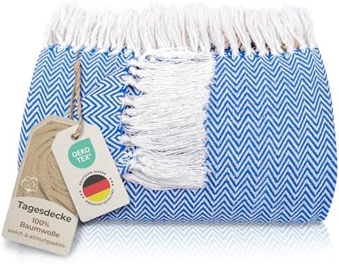 Gräfenstayn Premium Baumwolltagesdecke Creme - 100% Baumwolle - Sommerdecke - Fischgrätenmuster - Bett- und Couch-Überwu