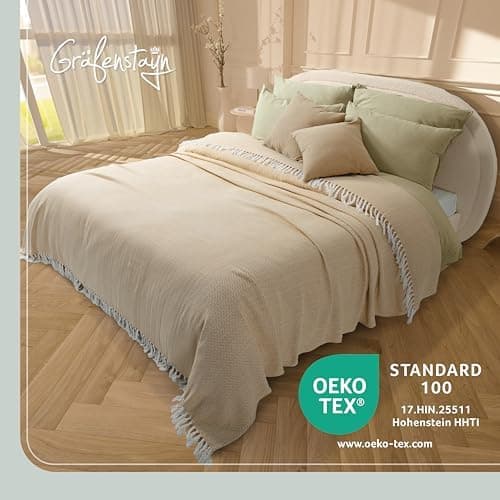 Gräfenstayn Premium Baumwolltagesdecke Creme - 100% Baumwolle - Sommerdecke - Fischgrätenmuster - Bett- und Couch-Überwu