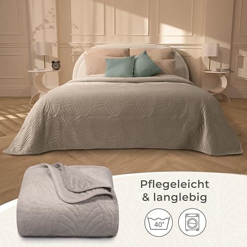 Gräfenstayn Premium Tagesdecke Anthrazit - weich, knitterfrei & pflegeleicht - Nahtlose Steppung & Blatt-Design - Bett &