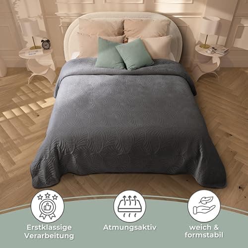 Gräfenstayn Premium Tagesdecke Anthrazit - weich, knitterfrei & pflegeleicht - Nahtlose Steppung & Blatt-Design - Bett &