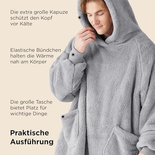 BEDSURE Hoodie Decke mit Ärmeln - Warme Kuschelpullover für Frauen - Tragbare Erwachsenendekke Grau OEKO-TEX 95x85 cm