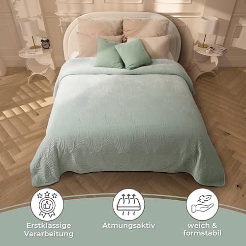 Gräfenstayn Premium Tagesdecke Anthrazit - weich, knitterfrei & pflegeleicht - Nahtlose Steppung & Blatt-Design - Bett &