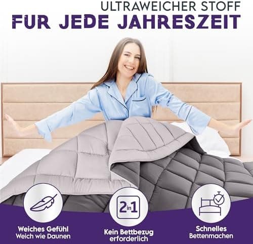 Bettdecke ohne Bezug 135x200 Grau Beige - Wärmeklasse 2 Steppdecke mit Gelfasern für Daunengefühl - Ganzjahresdecke