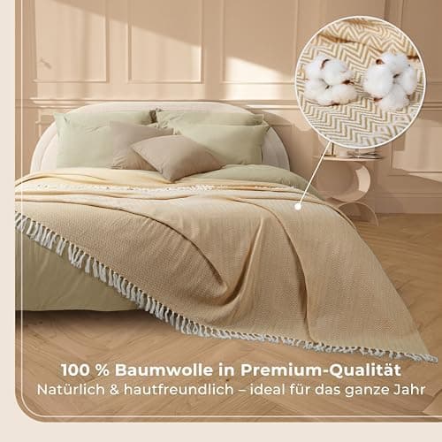 Gräfenstayn Premium Baumwolltagesdecke Creme - 100% Baumwolle - Sommerdecke - Fischgrätenmuster - Bett- und Couch-Überwu