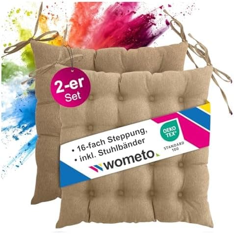 Wometo 4er Set Sitzkissen Stuhl OekoTex - beigeh ConfigurationManager Stuhlkissen Funktionales Polster mit Bändern OEKO-