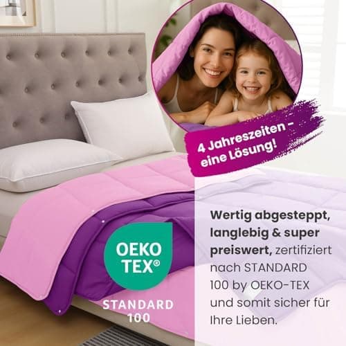 Wometo 4-Jahreszeiten Steppbett 135x200 cm - lila & pink - 2 Bettdecken, 3-in-1, warme Winterdecke + leichte Sommerdecke