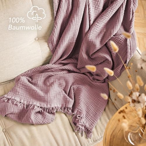 Oeko-Tex zertifizierte Musselin Tagesdecke 220x240cm Hellblau | Couch- & Sofadecke XXL | Baumwolle Qualität