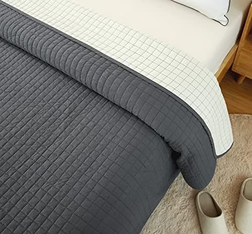 WOLTU Tagesdecke Steppdecke Doppelbett Dunkelgrau-Crème 170x210 cm 360GSM Global Recycled Standard Kariert