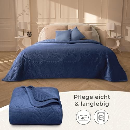 Gräfenstayn Premium Tagesdecke Anthrazit - weich, knitterfrei & pflegeleicht - Nahtlose Steppung & Blatt-Design - Bett &