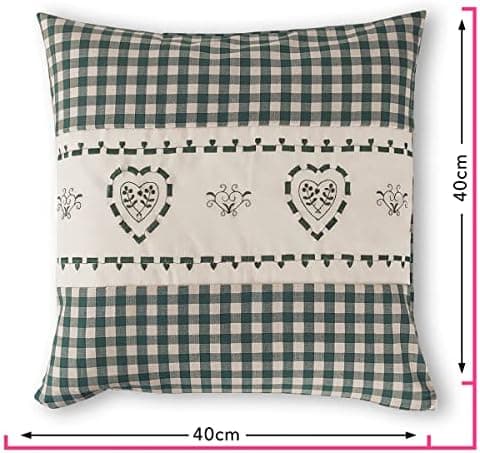 OekoTex Zierkissen 40x40 - Landhaus-Stil Dekokissen mit Reißverschluss, Herzrot karieret, Heller Hintergrund, OEKO-TEX S