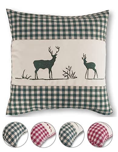 OekoTex Zierkissen 40x40 - Landhaus-Stil Dekokissen mit Reißverschluss, Herzrot karieret, Heller Hintergrund, OEKO-TEX S