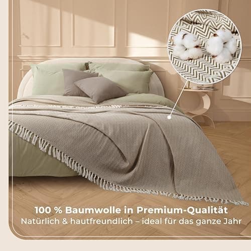 Gräfenstayn Premium Baumwolltagesdecke Creme - 100% Baumwolle - Sommerdecke - Fischgrätenmuster - Bett- und Couch-Überwu