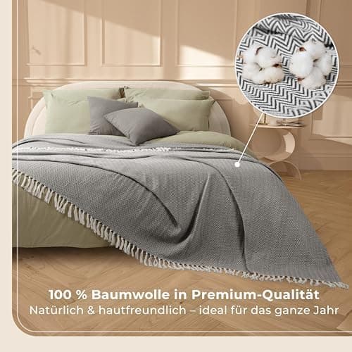 Gräfenstayn Premium Baumwolltagesdecke Creme - 100% Baumwolle - Sommerdecke - Fischgrätenmuster - Bett- und Couch-Überwu