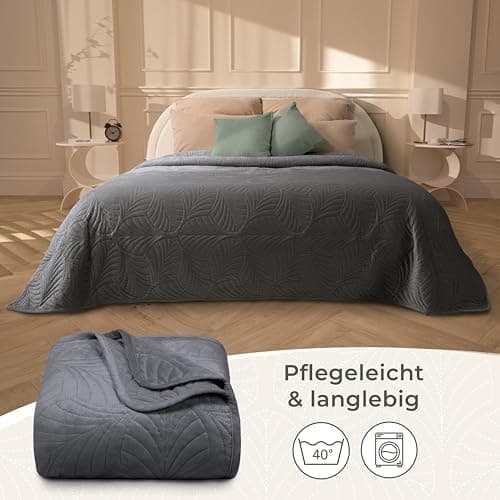 Gräfenstayn Premium Tagesdecke Anthrazit - weich, knitterfrei & pflegeleicht - Nahtlose Steppung & Blatt-Design - Bett &
