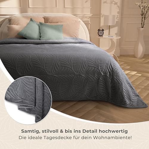 Gräfenstayn Premium Tagesdecke Anthrazit - weich, knitterfrei & pflegeleicht - Nahtlose Steppung & Blatt-Design - Bett &