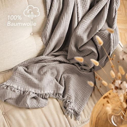 Oeko-Tex zertifizierte Musselin Tagesdecke 220x240cm Hellblau | Couch- & Sofadecke XXL | Baumwolle Qualität