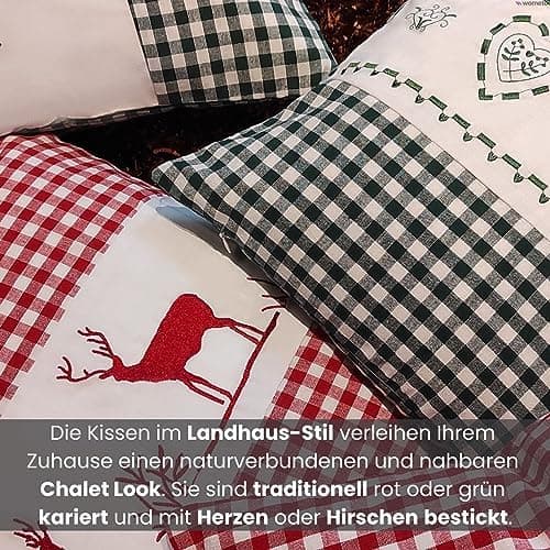 OekoTex Zierkissen 40x40 - Landhaus-Stil Dekokissen mit Reißverschluss, Herzrot karieret, Heller Hintergrund, OEKO-TEX S