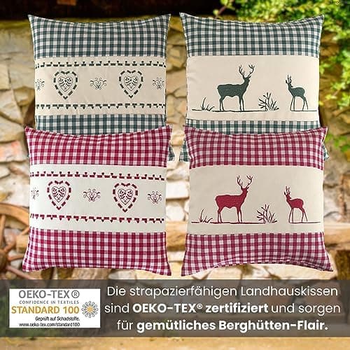 OekoTex Zierkissen 40x40 - Landhaus-Stil Dekokissen mit Reißverschluss, Herzrot karieret, Heller Hintergrund, OEKO-TEX S