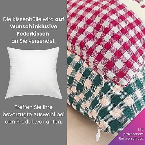 OekoTex Zierkissen 40x40 - Landhaus-Stil Dekokissen mit Reißverschluss, Herzrot karieret, Heller Hintergrund, OEKO-TEX S