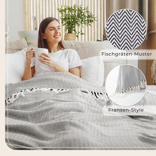 Gräfenstayn Premium Baumwolltagesdecke Creme - 100% Baumwolle - Sommerdecke - Fischgrätenmuster - Bett- und Couch-Überwu