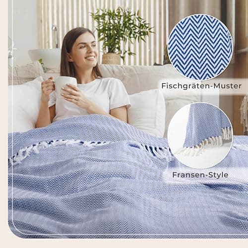 Gräfenstayn Premium Baumwolltagesdecke Creme - 100% Baumwolle - Sommerdecke - Fischgrätenmuster - Bett- und Couch-Überwu