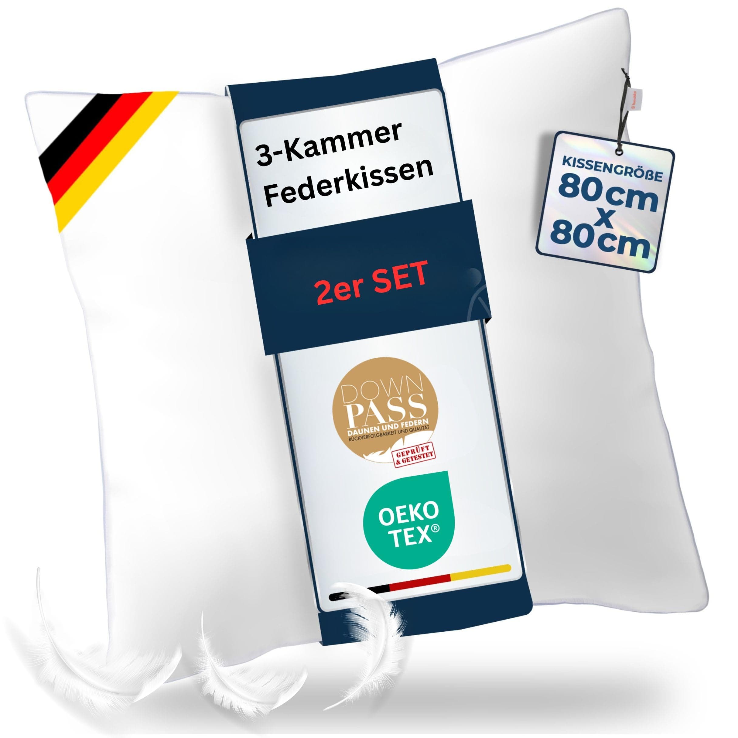 2'er Set Kopfkissen für bestem Schlafkomfort - Federkissen 80x80 cm mit Daunen & Federn - Weich und bequem zum Schlafen