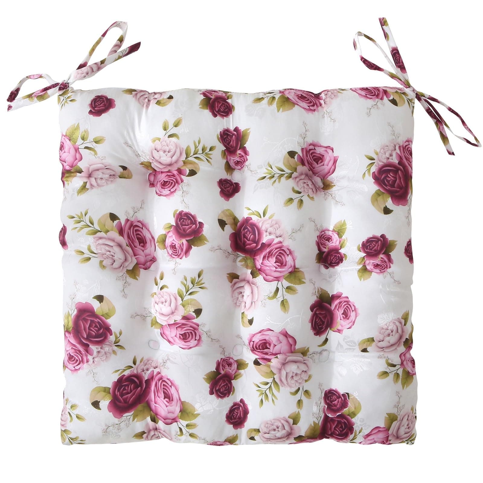 Wometo Sitzkissen Oeko-TEX - Landhaus Rosen-Motiv rosa pink weiß mit Bändern für Indoor und Outdoor OEKO-TEX STANDARD 10