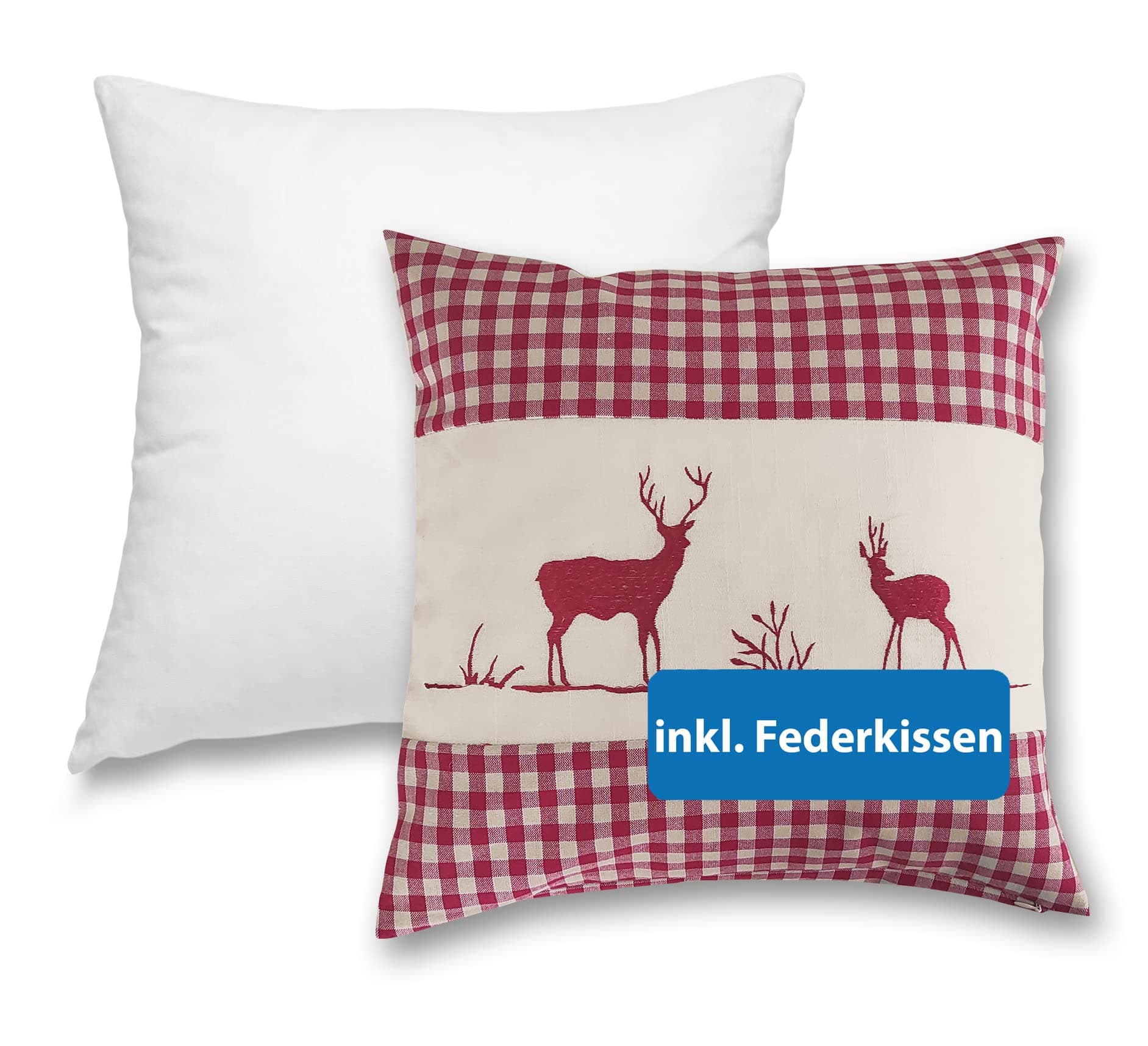 Wometo Kissenbezug Kissenhülle 40x40 cm Hirschrot mit Federkissen Füllung OekoTex - Reißverschluss | Landhaus-Stil Dekok
