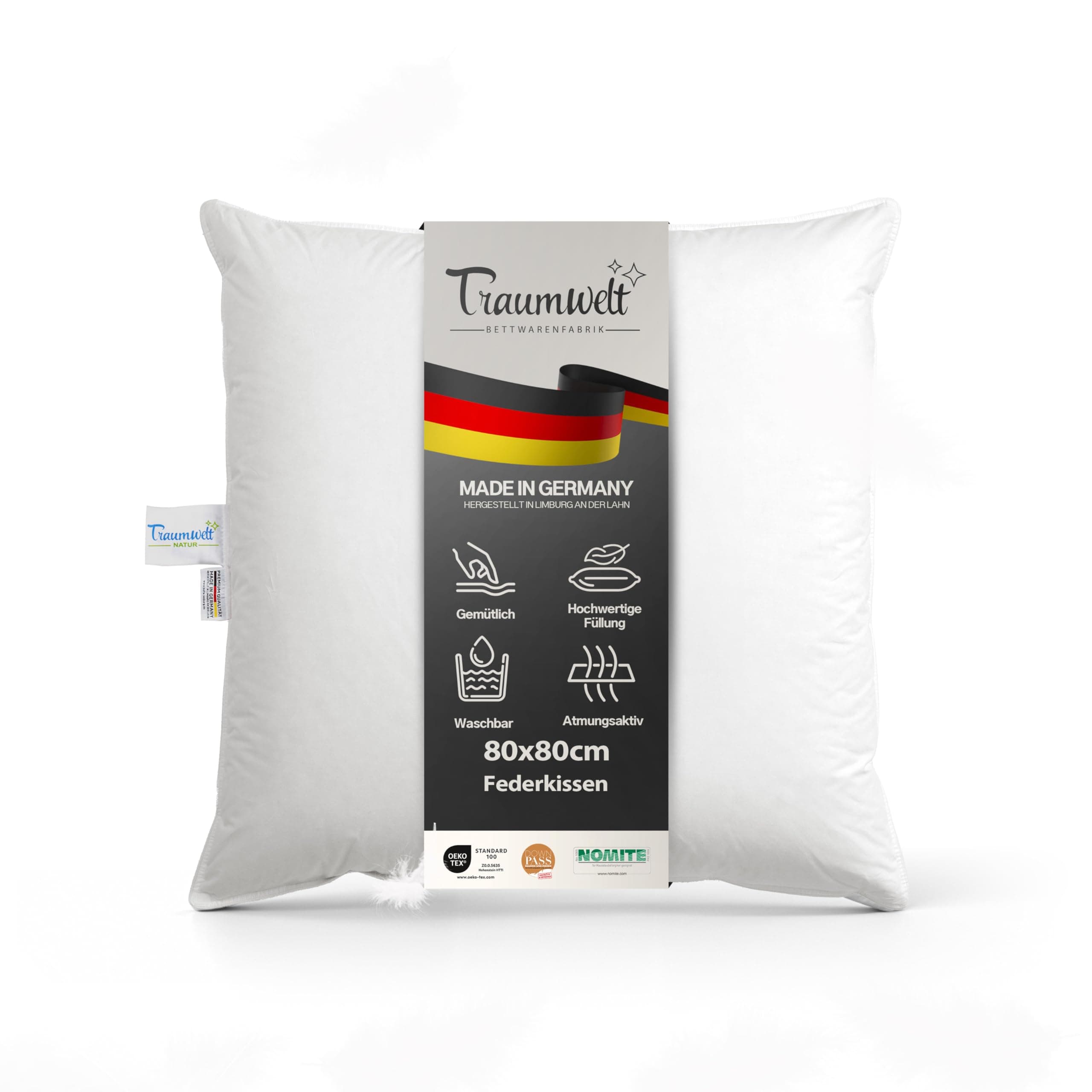 Made in Germany Federkissen 80x80 cm, weiß, für Allergiker geeignet, Downpass, Öko-Tex 100 Zertifiziert