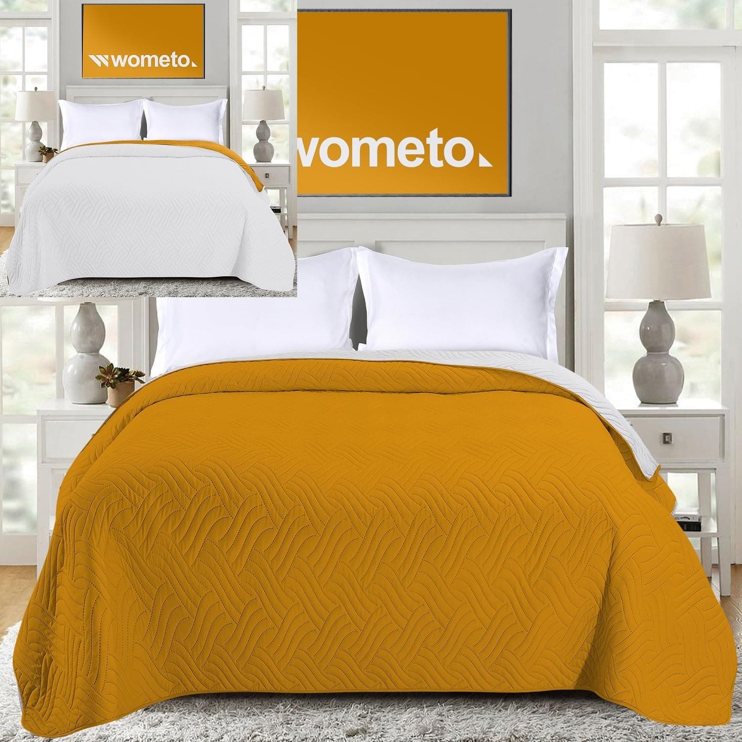 Tagesdecke wometo 220x240 cm OekoTex - Microfaser-Bezug hellgrau gelb gesteppt Wende-Design XXL Couch Bett