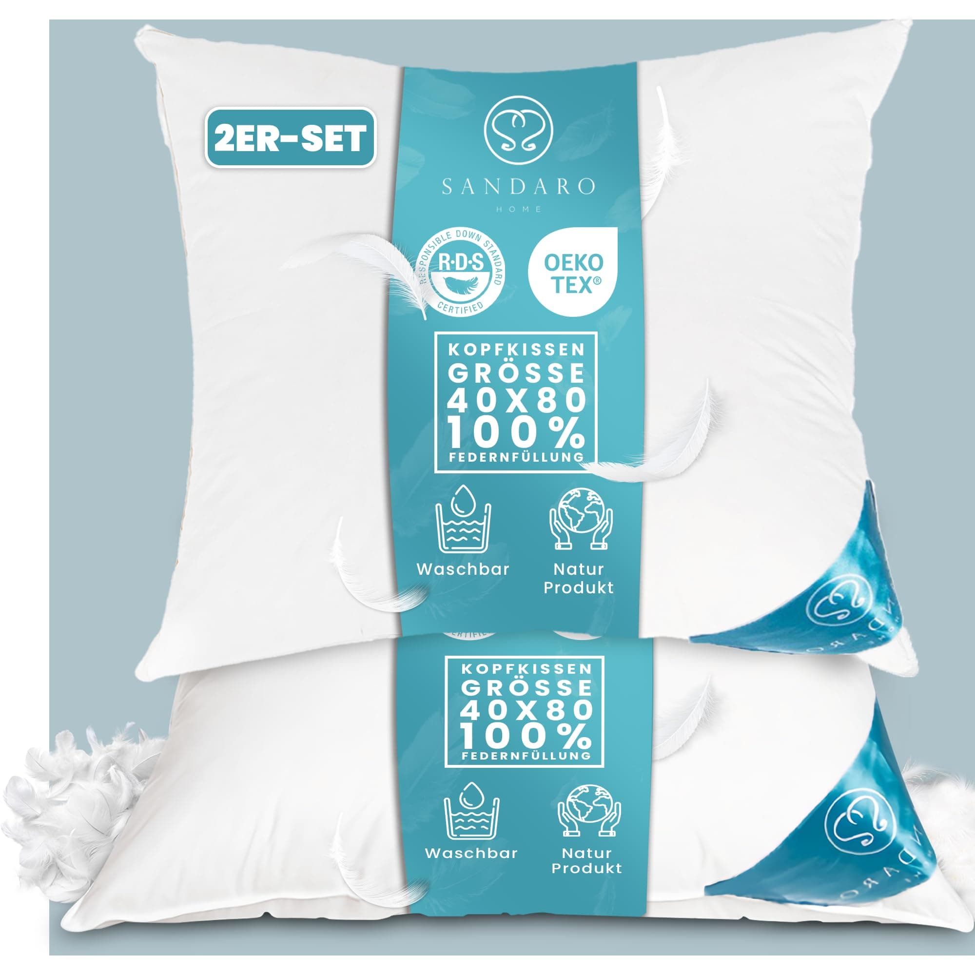 Kopfkissen 80x80 2er Set | Federkissen 100% Gänsefedern 80 x 80 cm, Öko-Tex Zertifiziert, Baumwollbezug (2000)