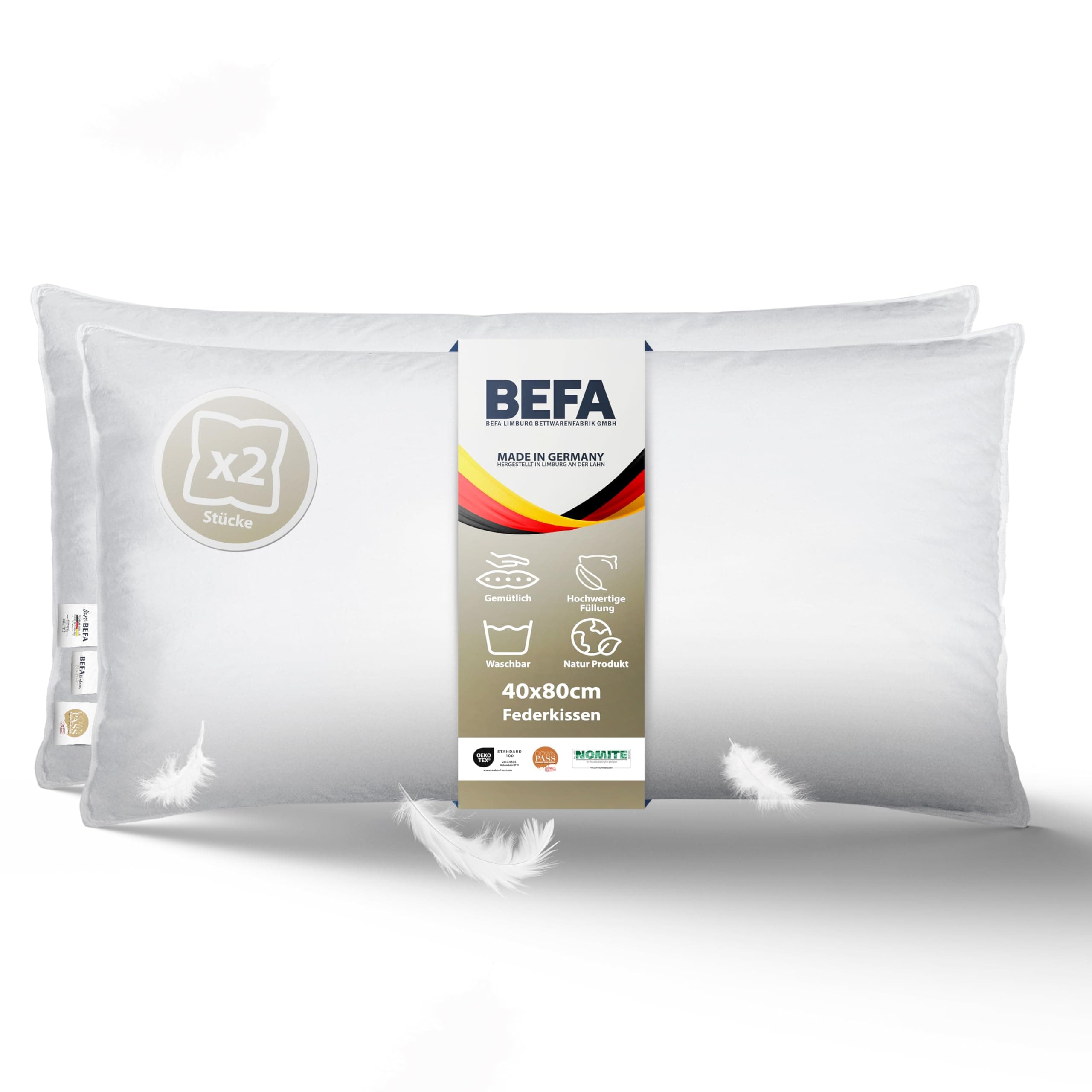 BEFA NATUR Federkissen 40x80 cm extra fest für Allergiker | Kopfkissen Set 100% Federn | 1500g Füllgewicht/Stück | Tierw