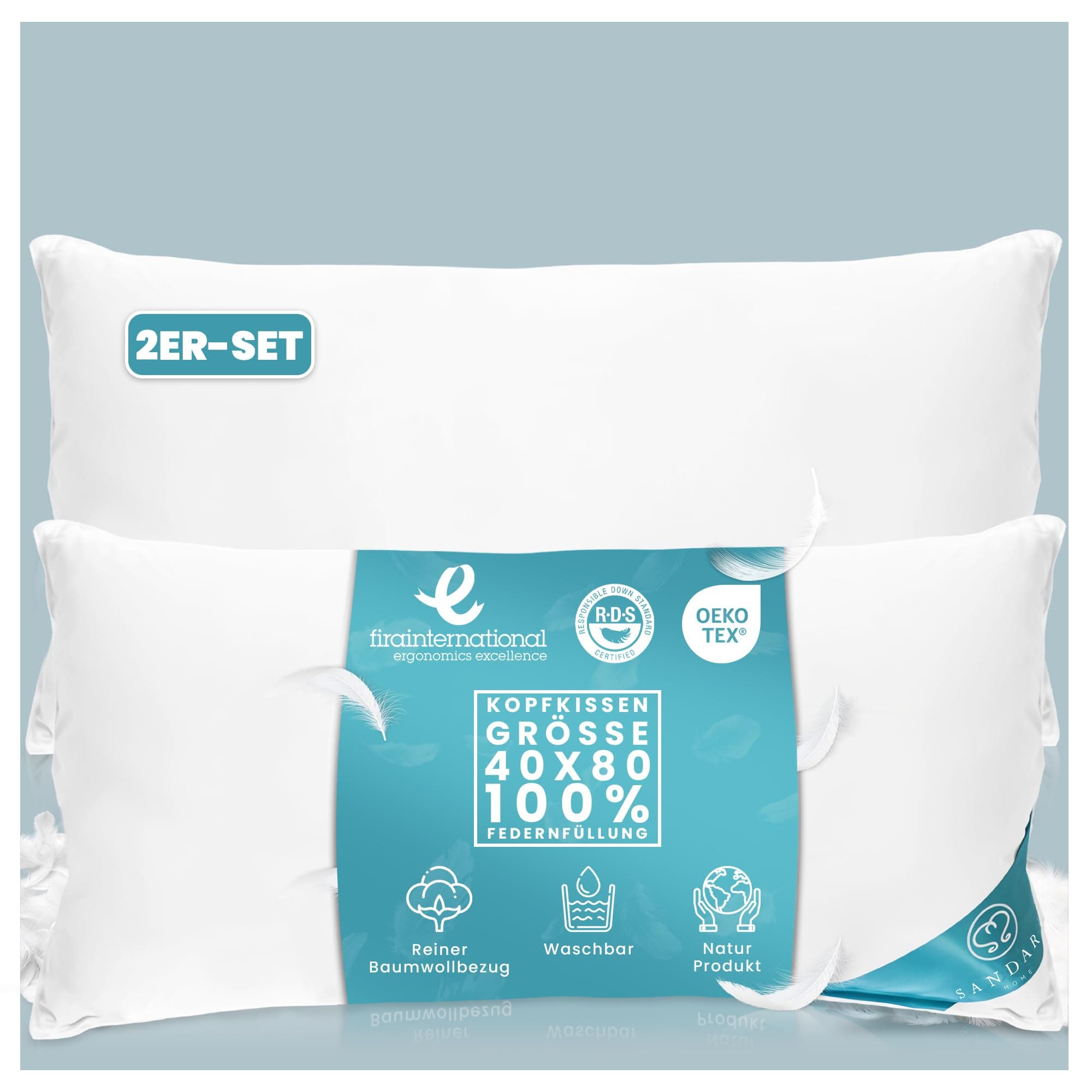 Federnkissen 40x80 2er Set 850g | Öko-Tex Zertifiziert - 100% natürliche Federfüllung, Baumwollbezug OEKO-TEX