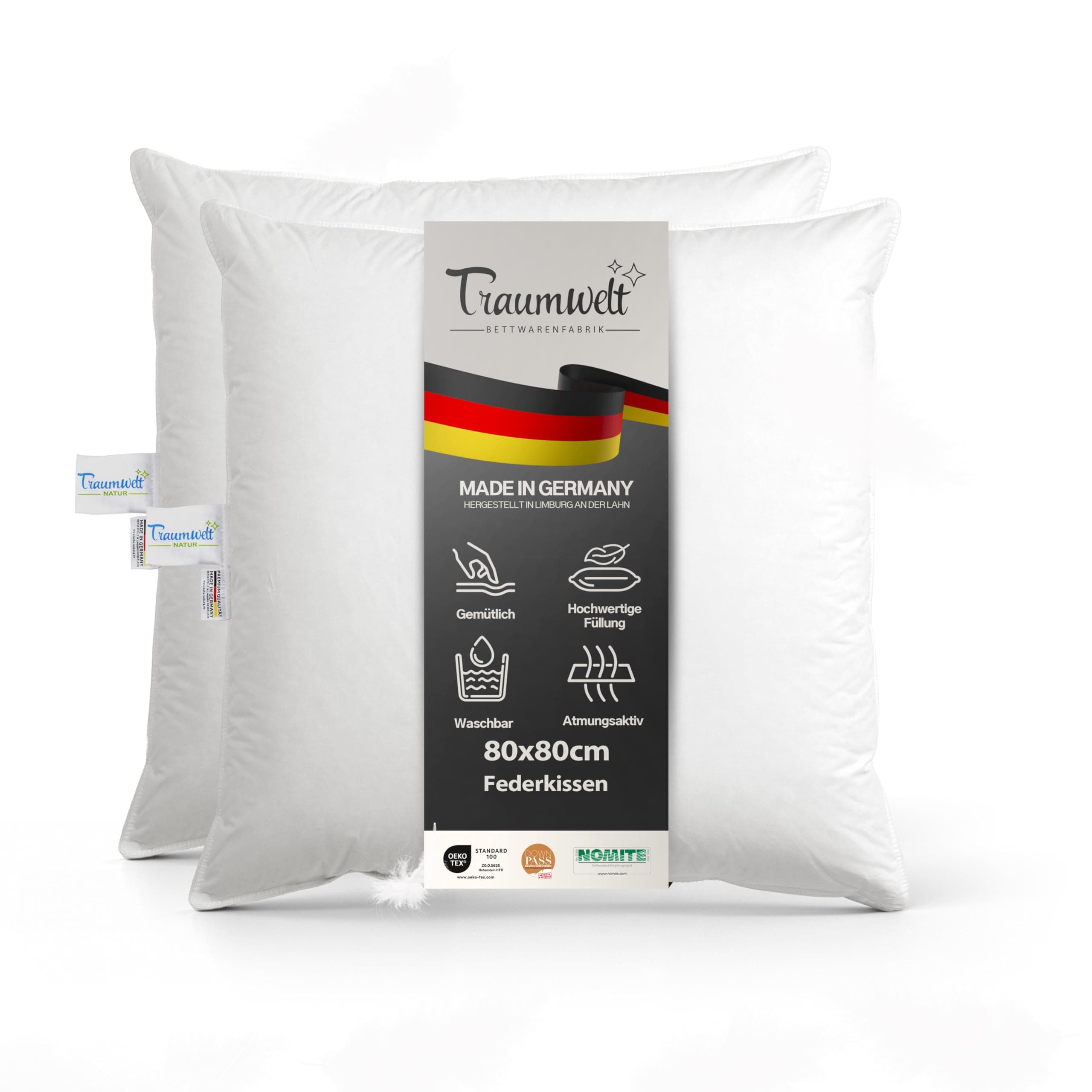 Klassisches Made in Germany Federkissen 80x80 cm, weiß, Down-Kopfkissen, allergiegeschützt, Öko-Tex 100 Zertifiziert, Do