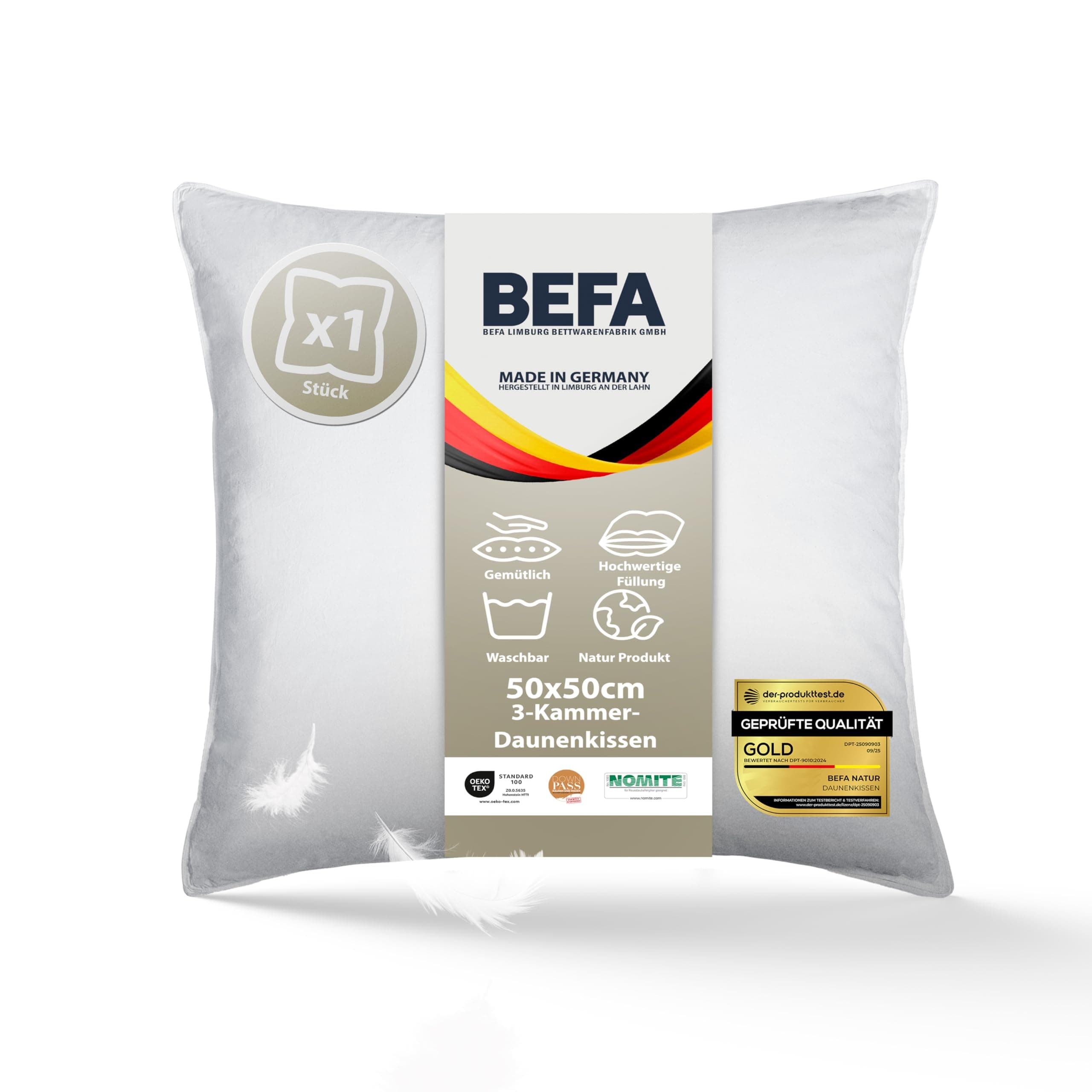 BEFA NATUR Allergiker geeignet 3-Kammer Daunenkissen 550g Füllgewicht 50x50 cm | Tierwohl Oeko-TEX Klasse 1 Made in Germ