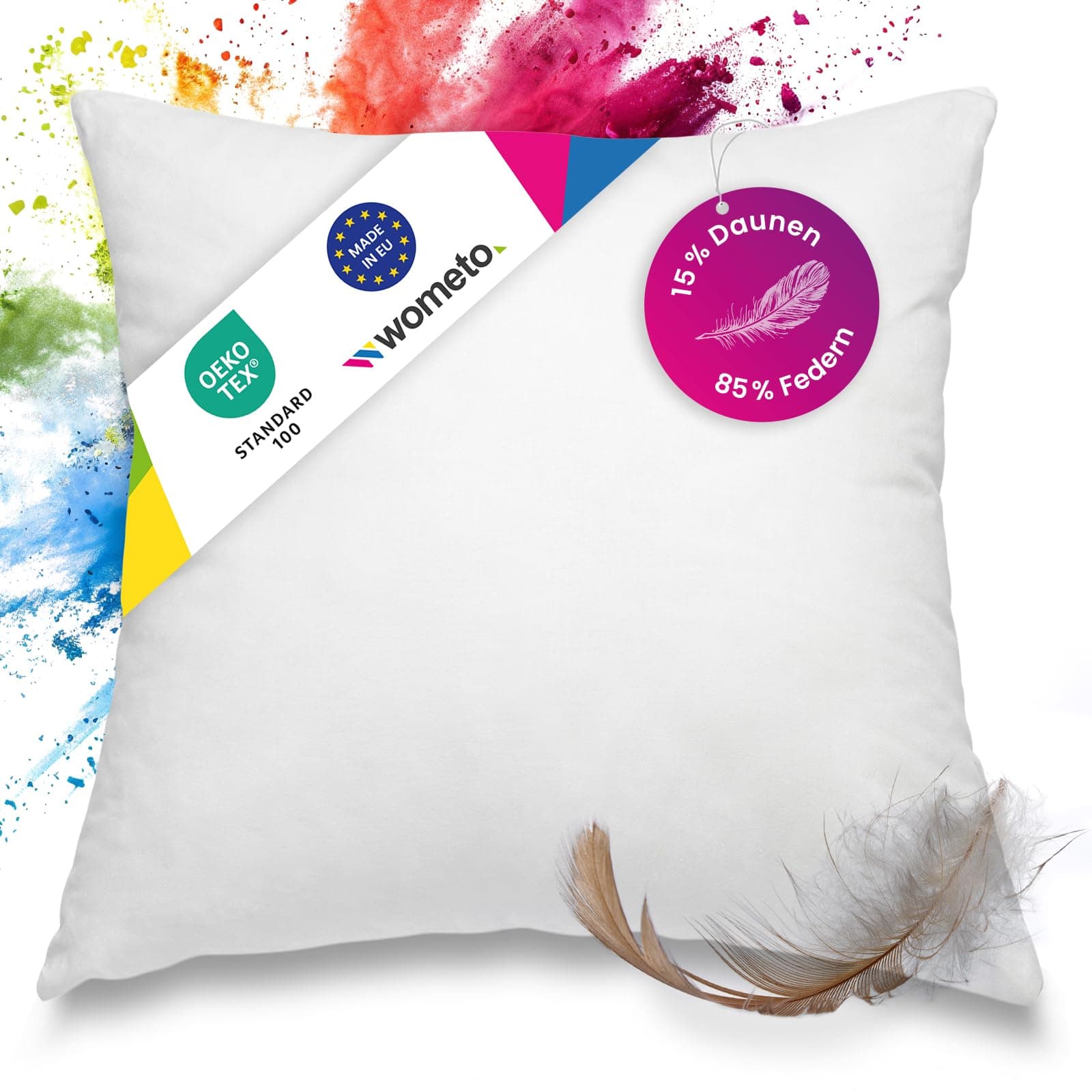 Premium Oeko-TEX Feder- & Daunenkissen - Baumwollbezug weiß 50x50 cm mit 600 g Füllung für Sofaideal
