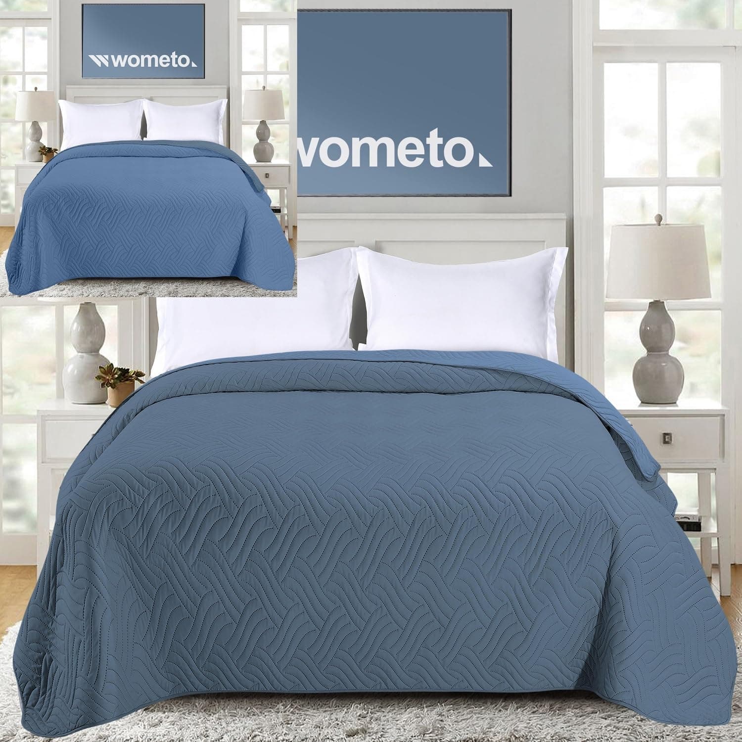 Wometo OekoTex Tagesdecke 170x210 cm Rauchblau Blau Wattiert Gesteppt Wende-Design XXL Bettüberwurf OEKO-TEX STANDARD 10