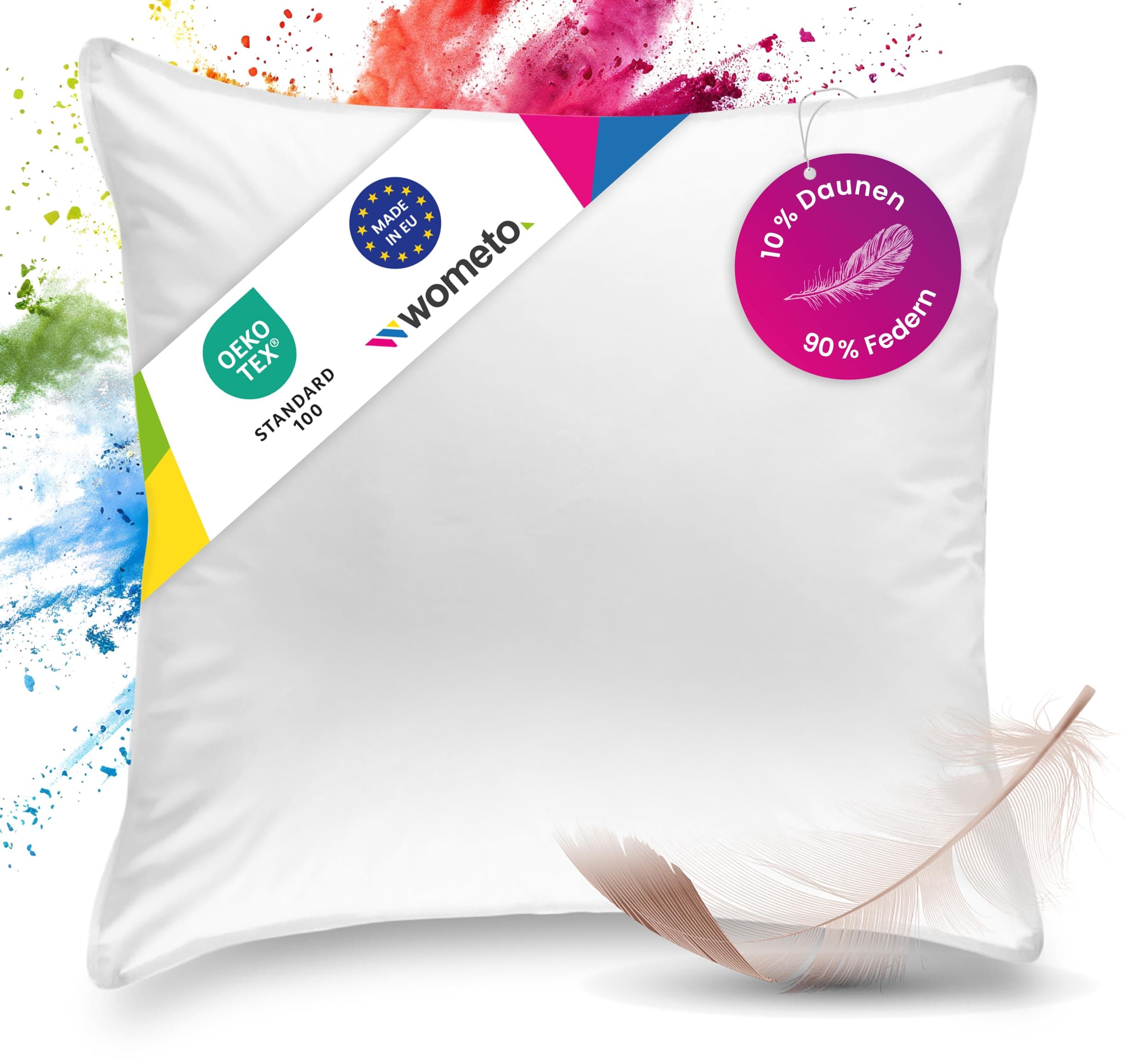 Wometo Premium Oeko-TEX Feder- & Daunenkissen - 80x80 cm, 90% Federn 10% Daunen, 1200 g Füllung Baumwolle Bezug, weiß (F