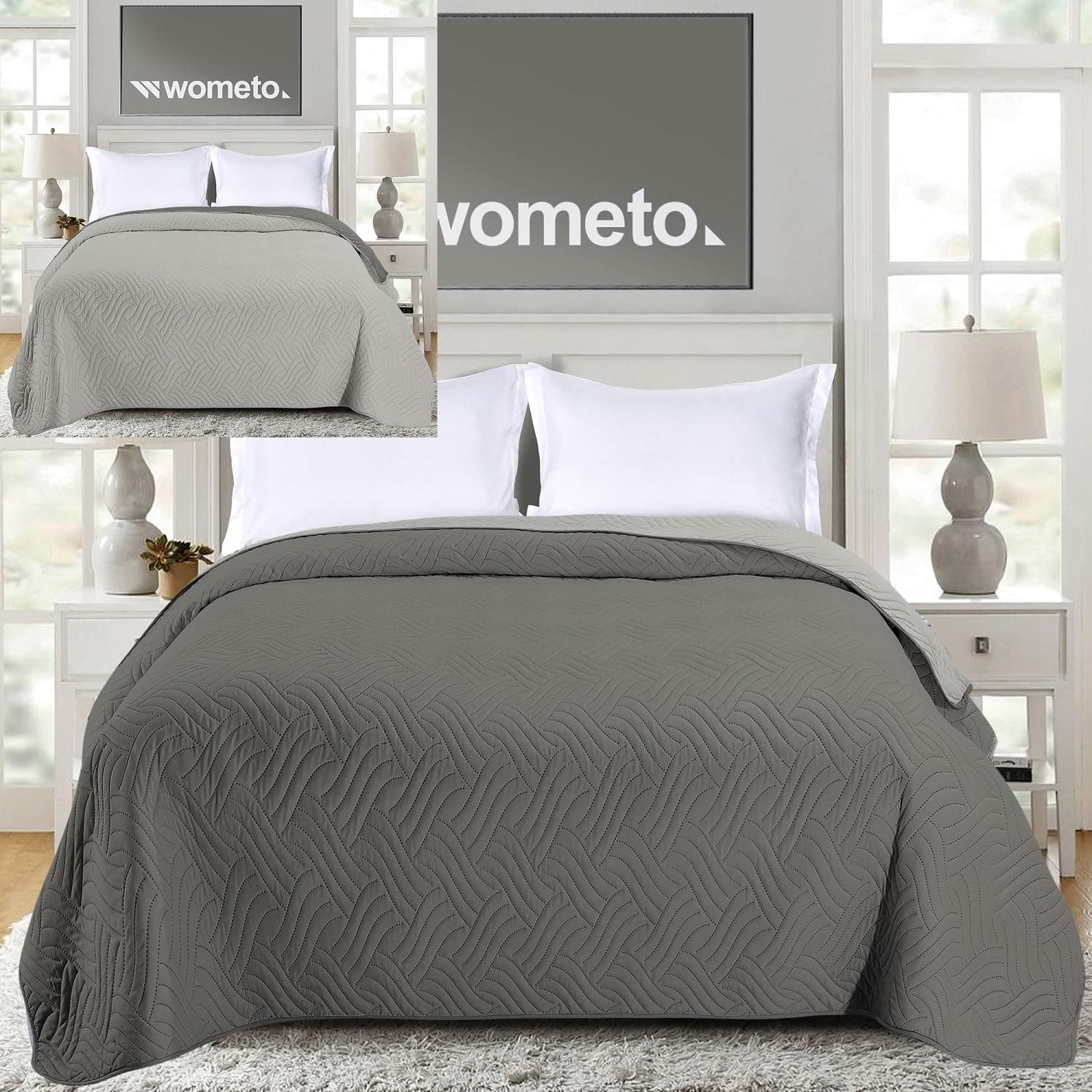 Tagesdecke wometo 170x210 cm OekoTex - Microfaser-Bezug hellgrau wattiert XXL Sofa Couch Bett OEKO-TEX STANDARD 100