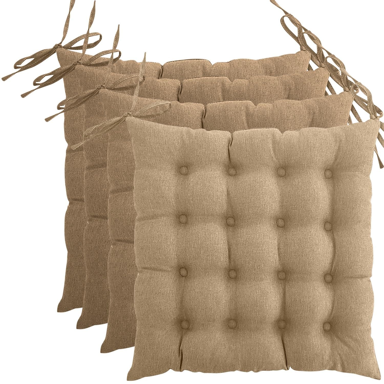 Wometo 4er Set Sitzkissen Stuhl OekoTex - beigeh ConfigurationManager Stuhlkissen Funktionales Polster mit Bändern OEKO-