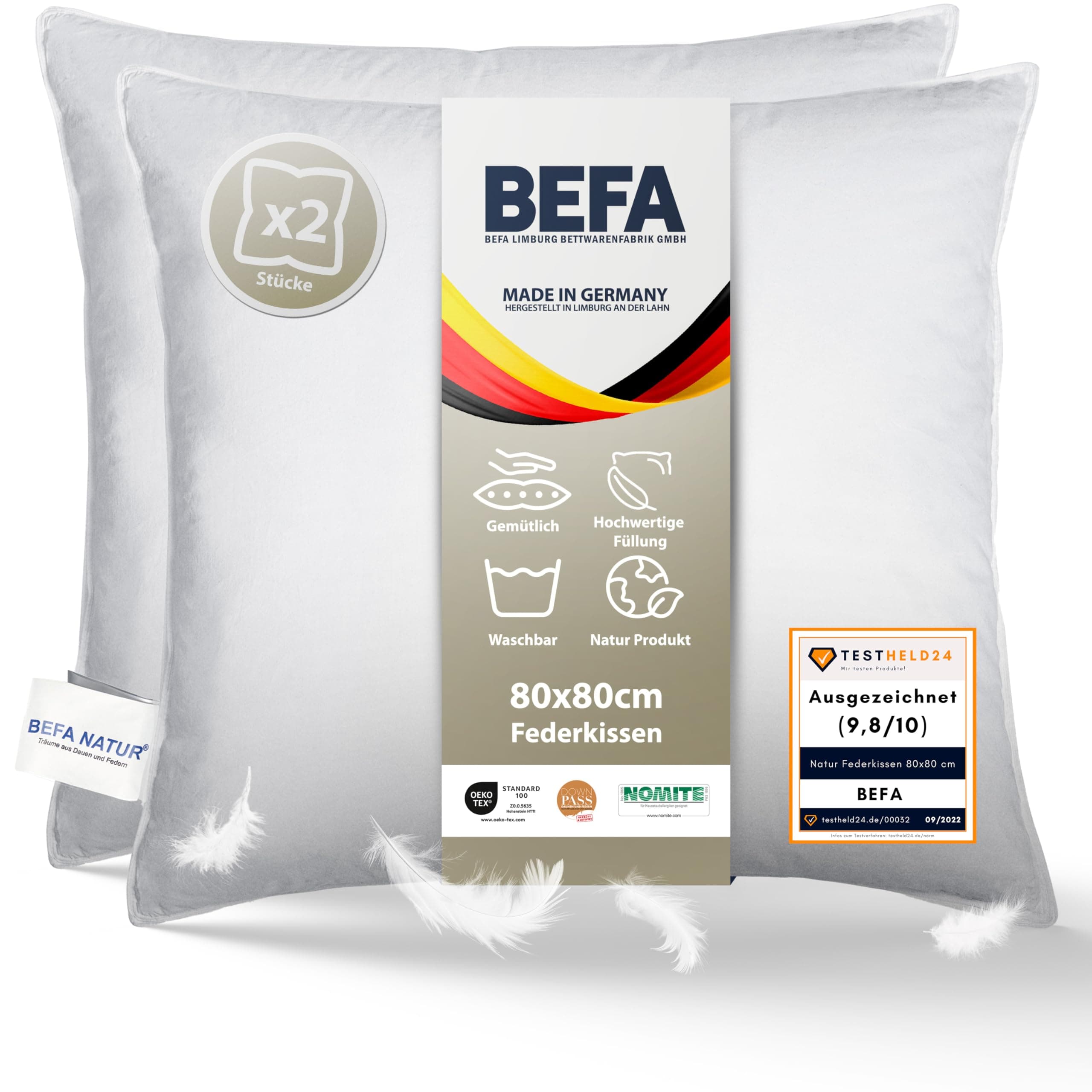 BEFA NATUR Federkissen 80x80 cm (2 Stück) | 100% Federn | Tierwohl zertifiziert | Allergiker geeignet | OEKO-TEX Klasse